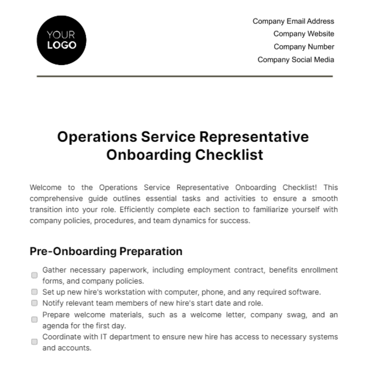 Operations Service Representative Onboarding Checklist Template - Edit Online & Download