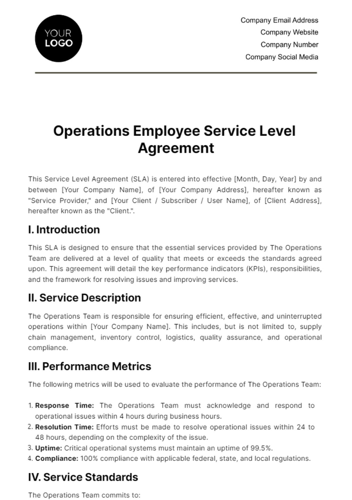 Operations Employee SLA Template - Edit Online & Download