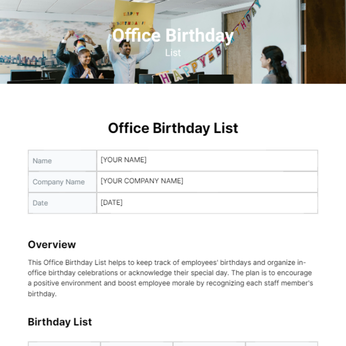 Office Birthday List Template