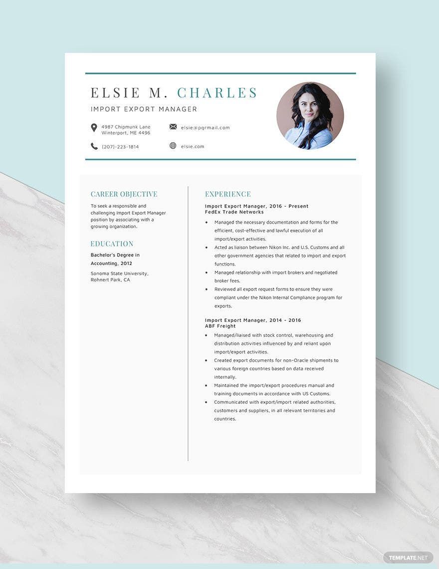 Free Import Export Manager Resume