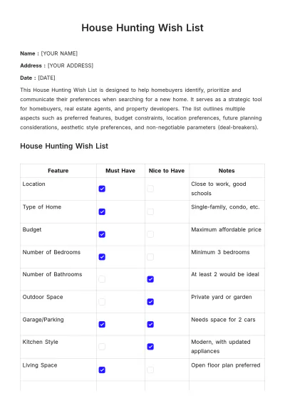 Free House Hunting Wish List Template to Edit Online