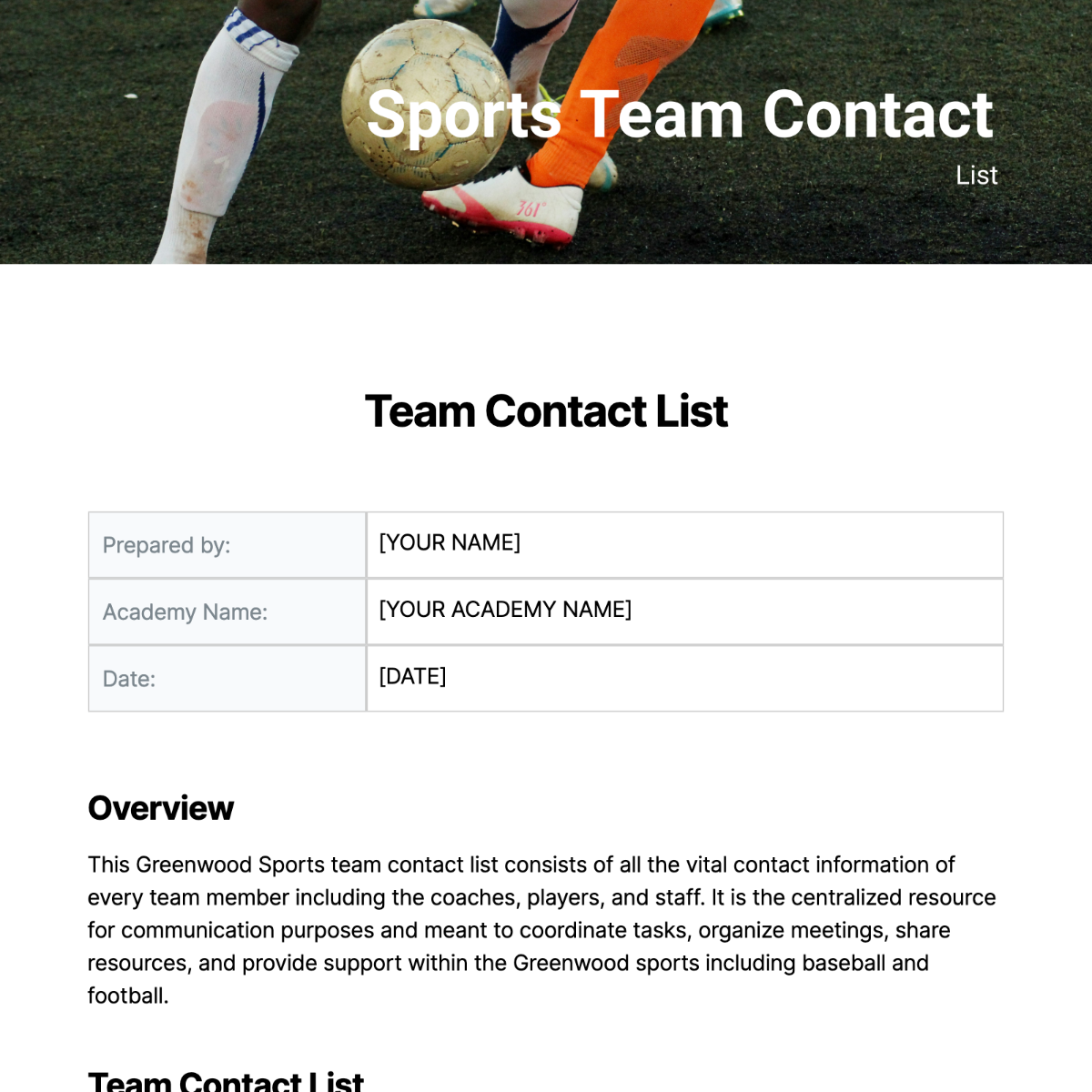 Team Contact List Template