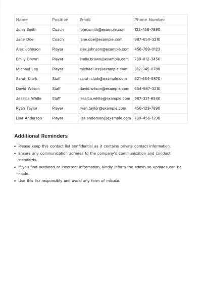 Free Team Contact List Template to Edit Online