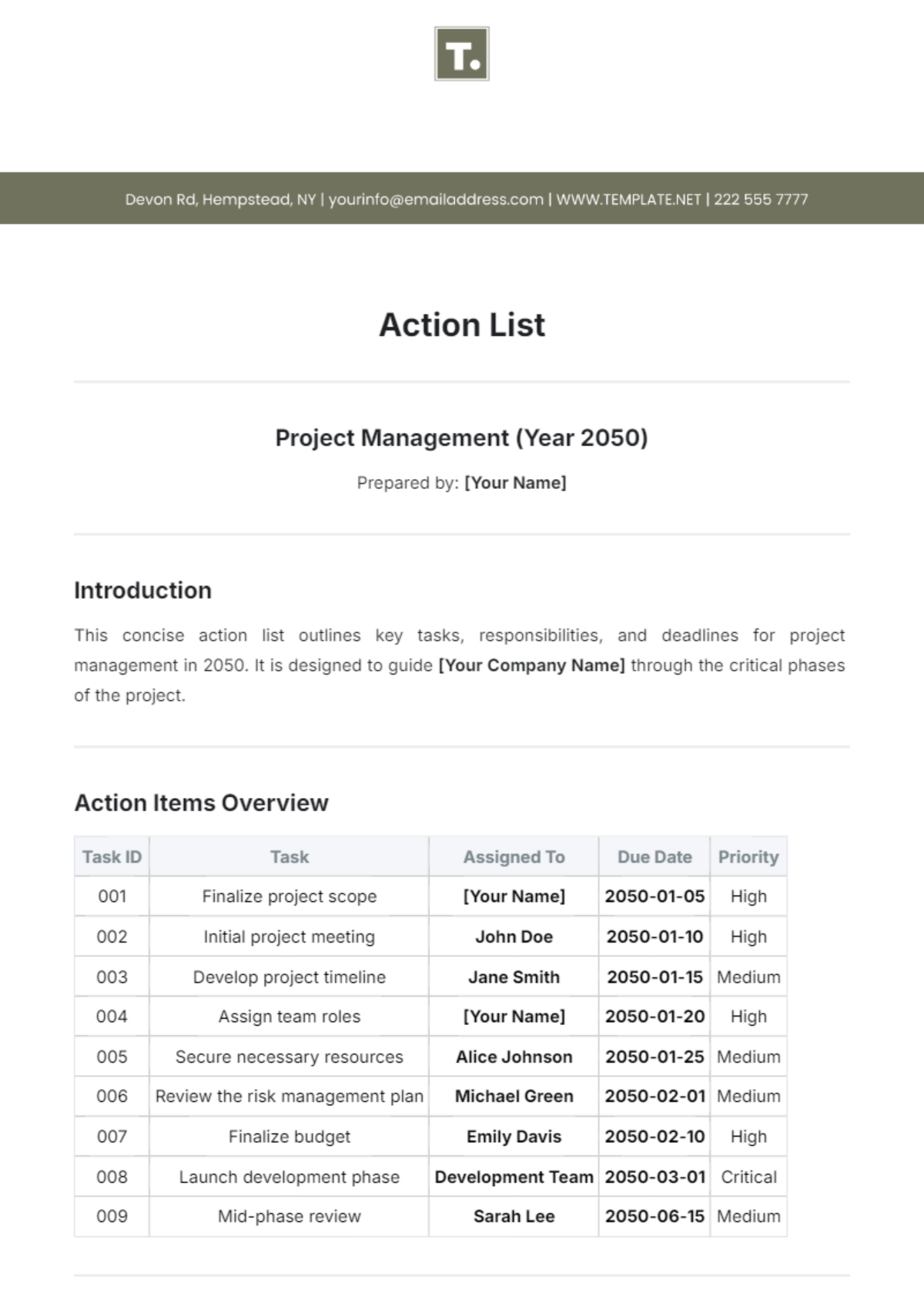 Action List Template