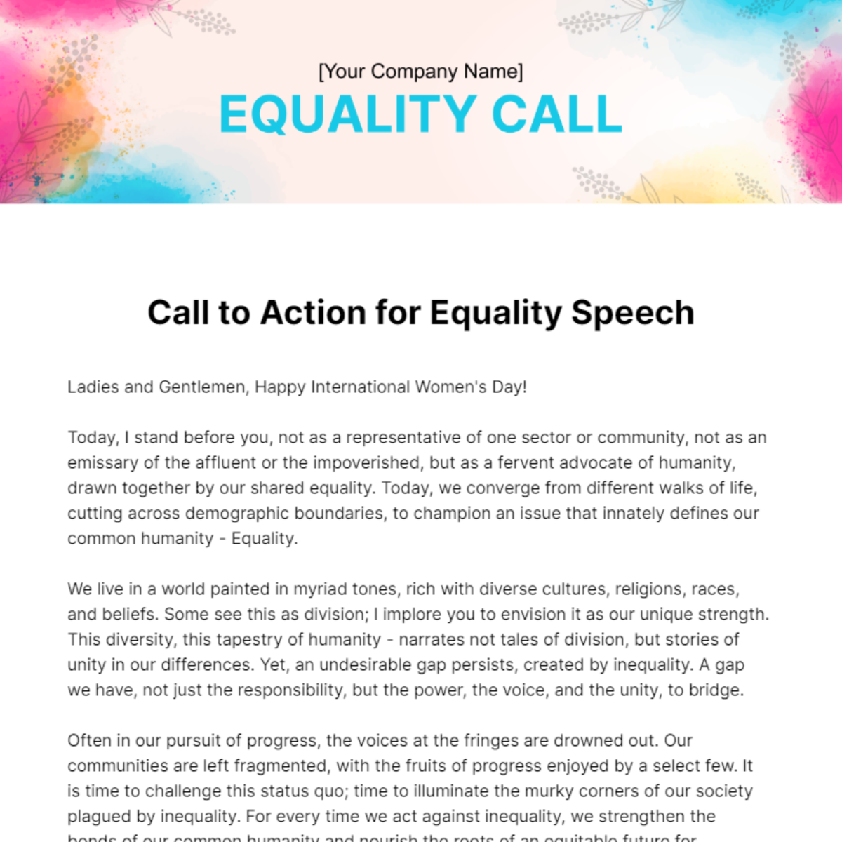 Free Call to Action for Equality Speech Template