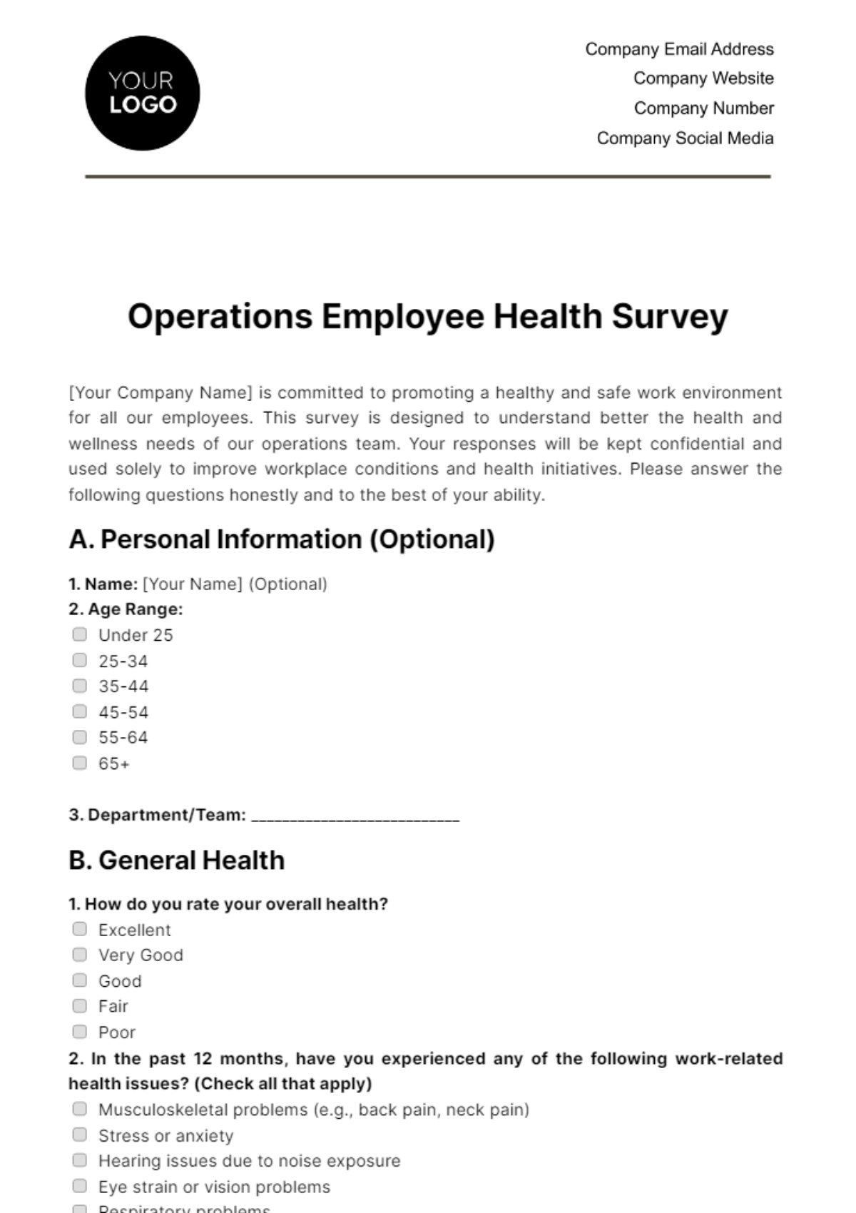 Operations Employee Health Survey Template - Edit Online & Download