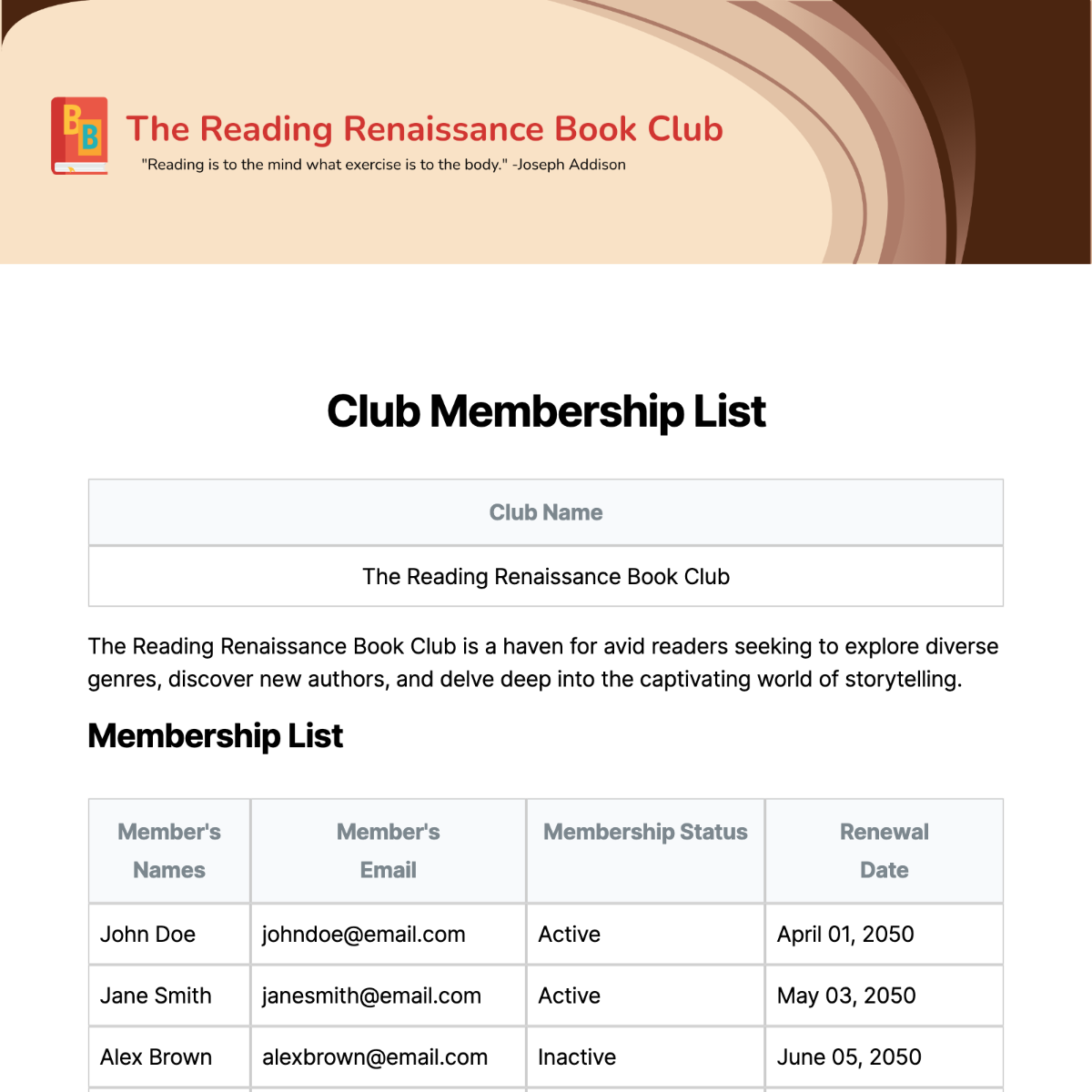 Club Membership List Template - Edit Online & Download