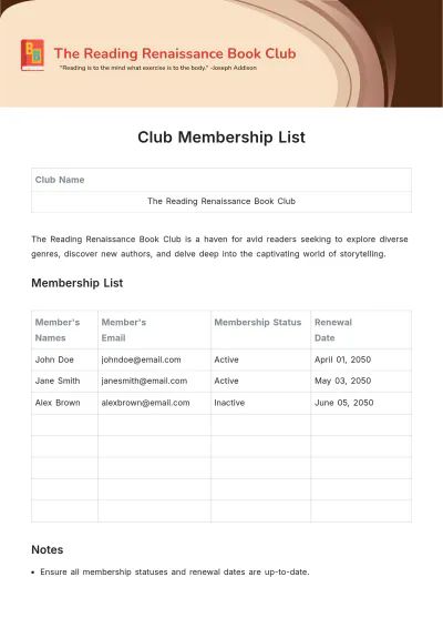 Free Club Membership List Template to Edit Online