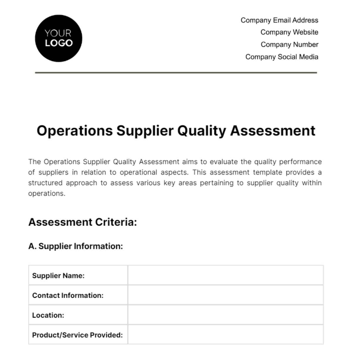 Operations Supplier Quality Assessment Template - Edit Online & Download