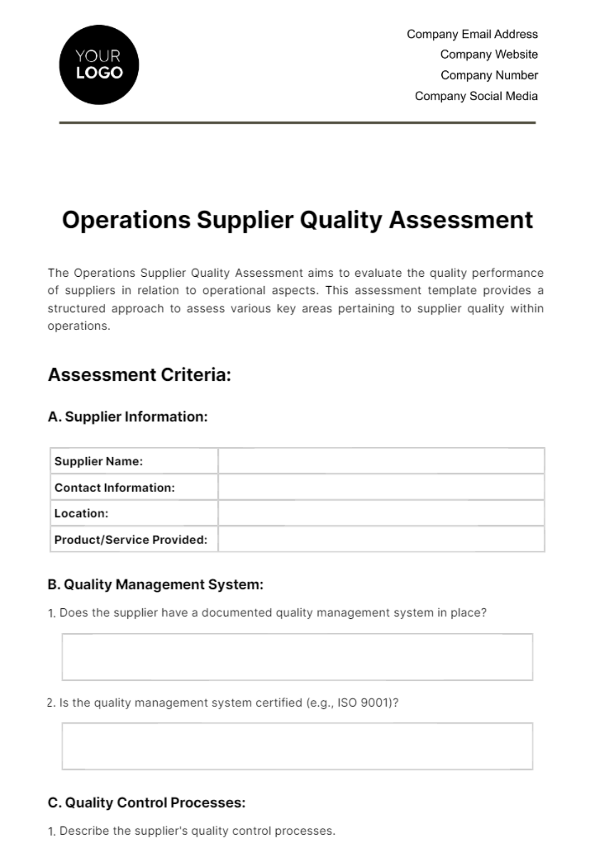 Free Operations Supplier Quality Assessment Template