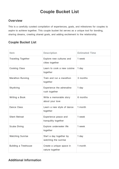 Free Couple Bucket List Template to Edit Online