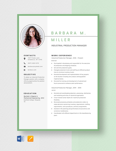 Free Production Manager Resume Templates 9 Download In Word Pages Template