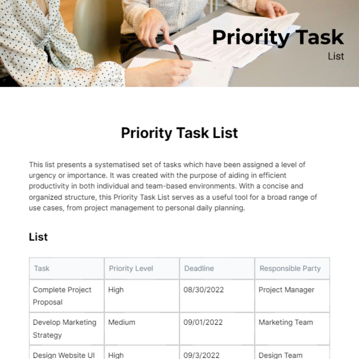 Priority Task List Template