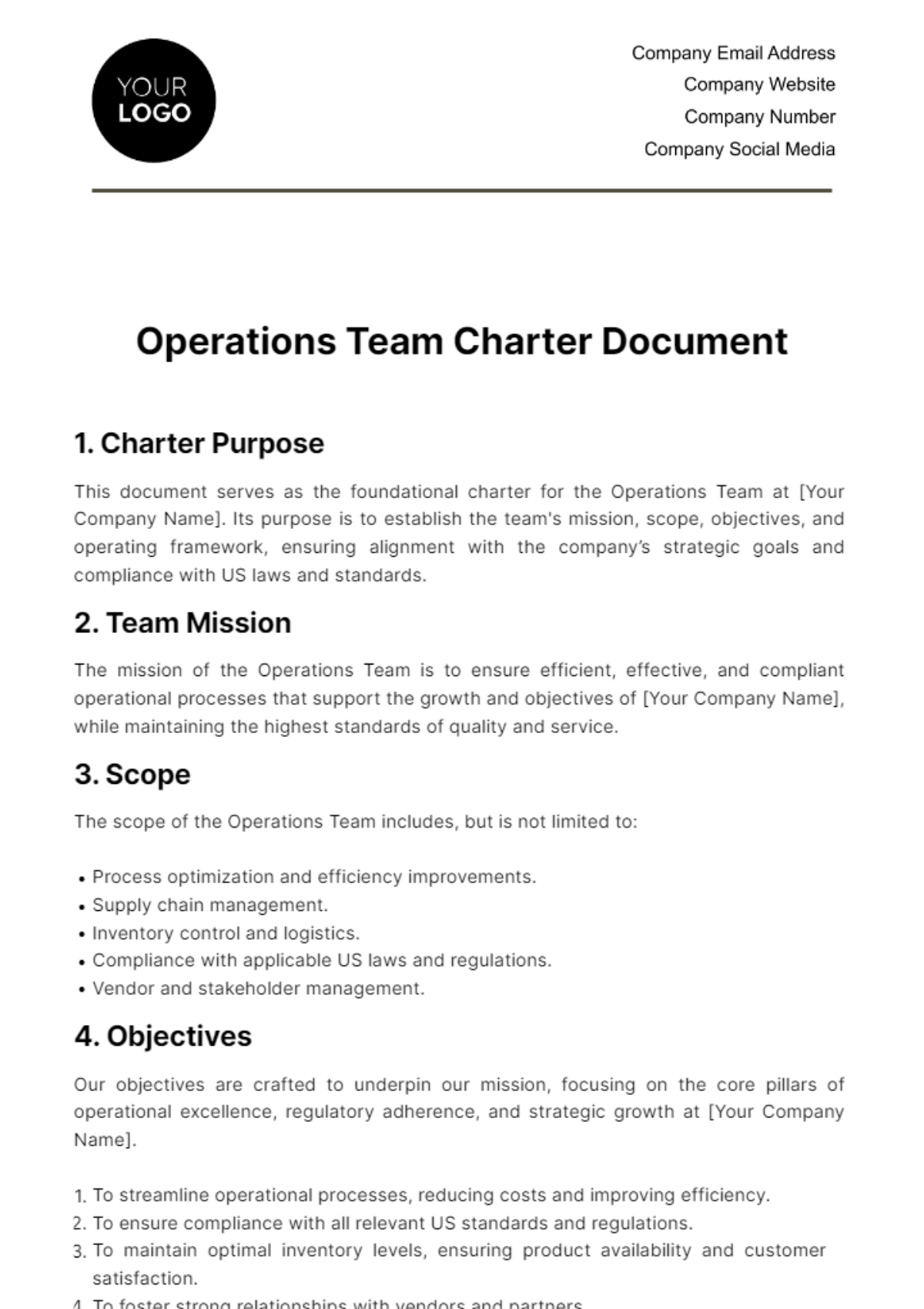 Operations Team Charter Document Template - Edit Online & Download