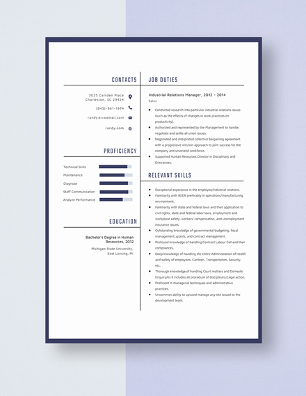 Industrial Relations Manager Resume Template