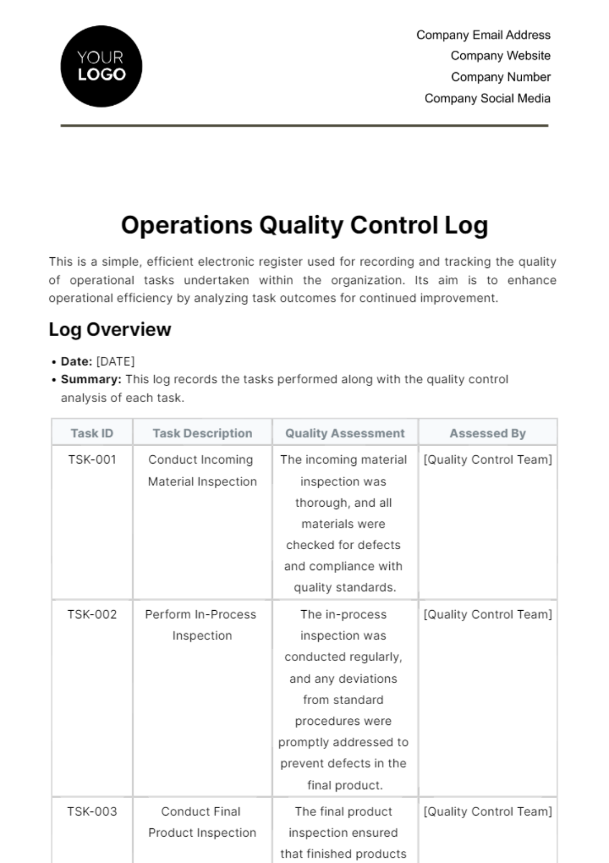 Free Operations Quality Control Log Template