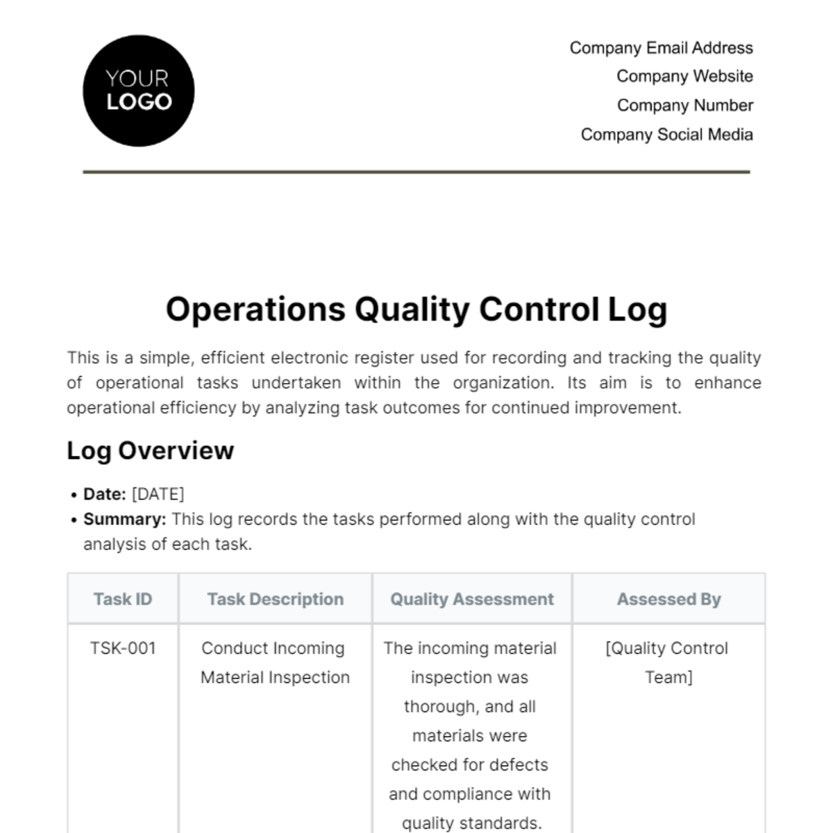 Operations Quality Control Log Template - Edit Online & Download