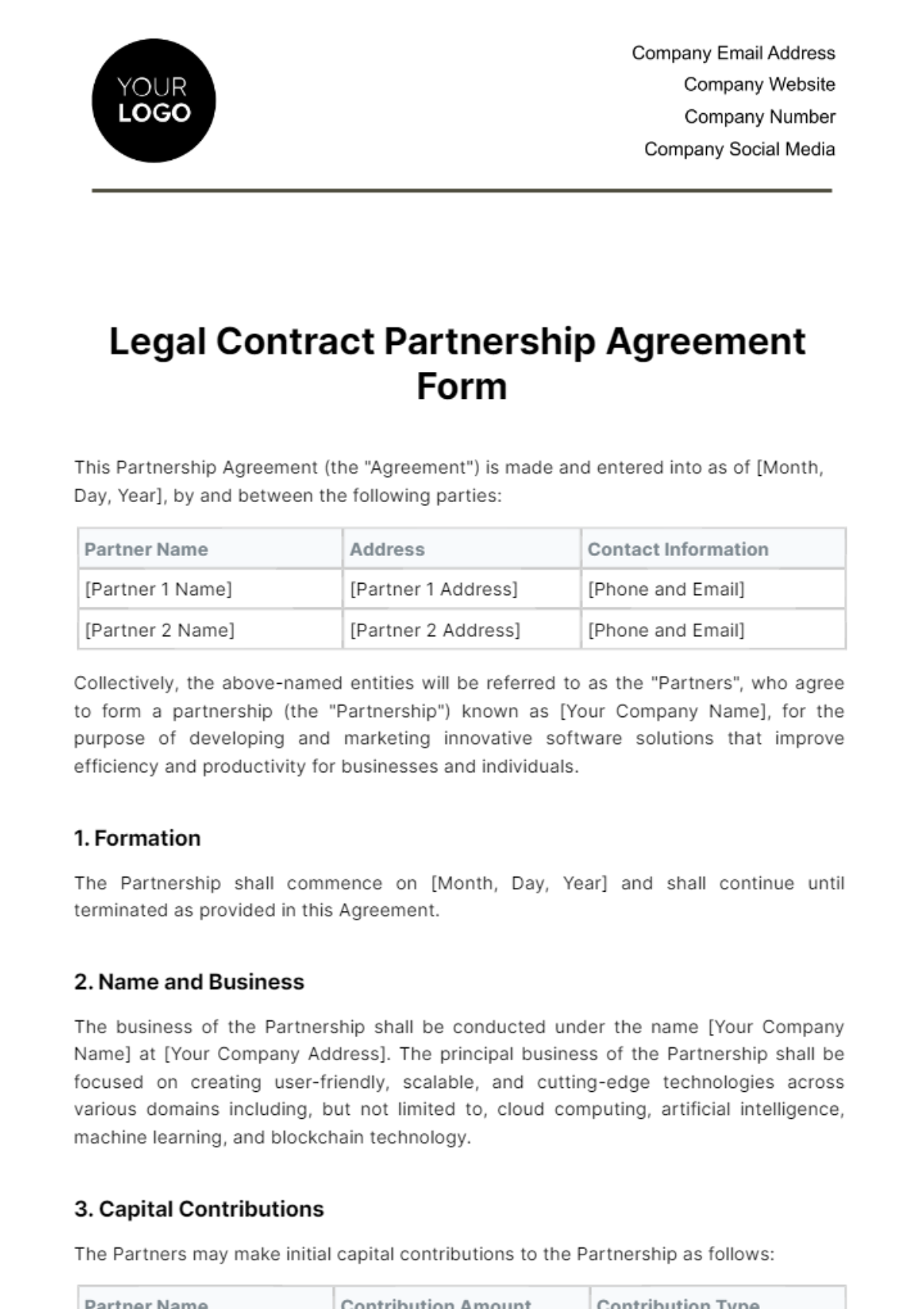 Legal Contract Partnership Agreement Form Template
