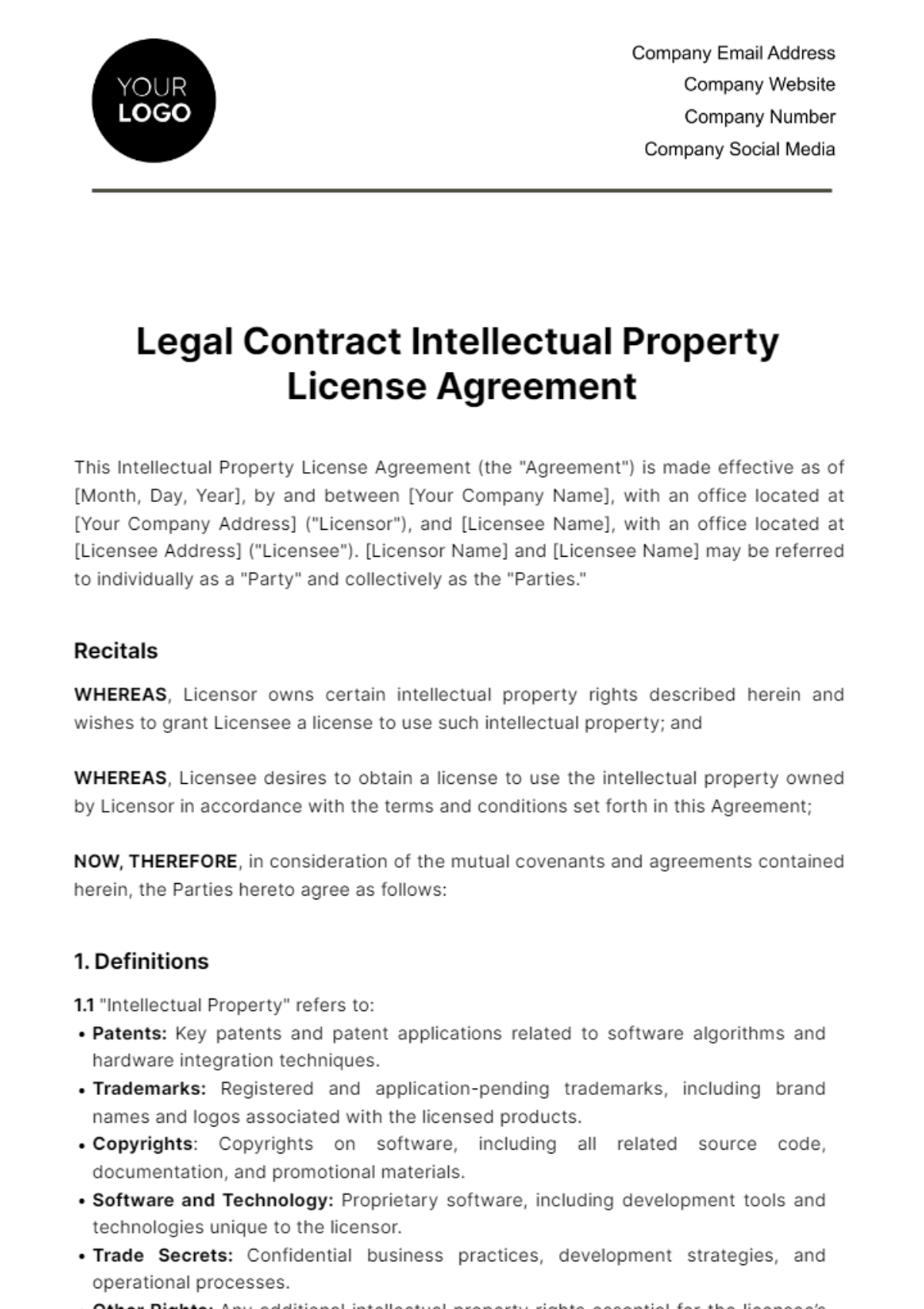 Free Legal Contract  Intellectual Property License Agreement Template