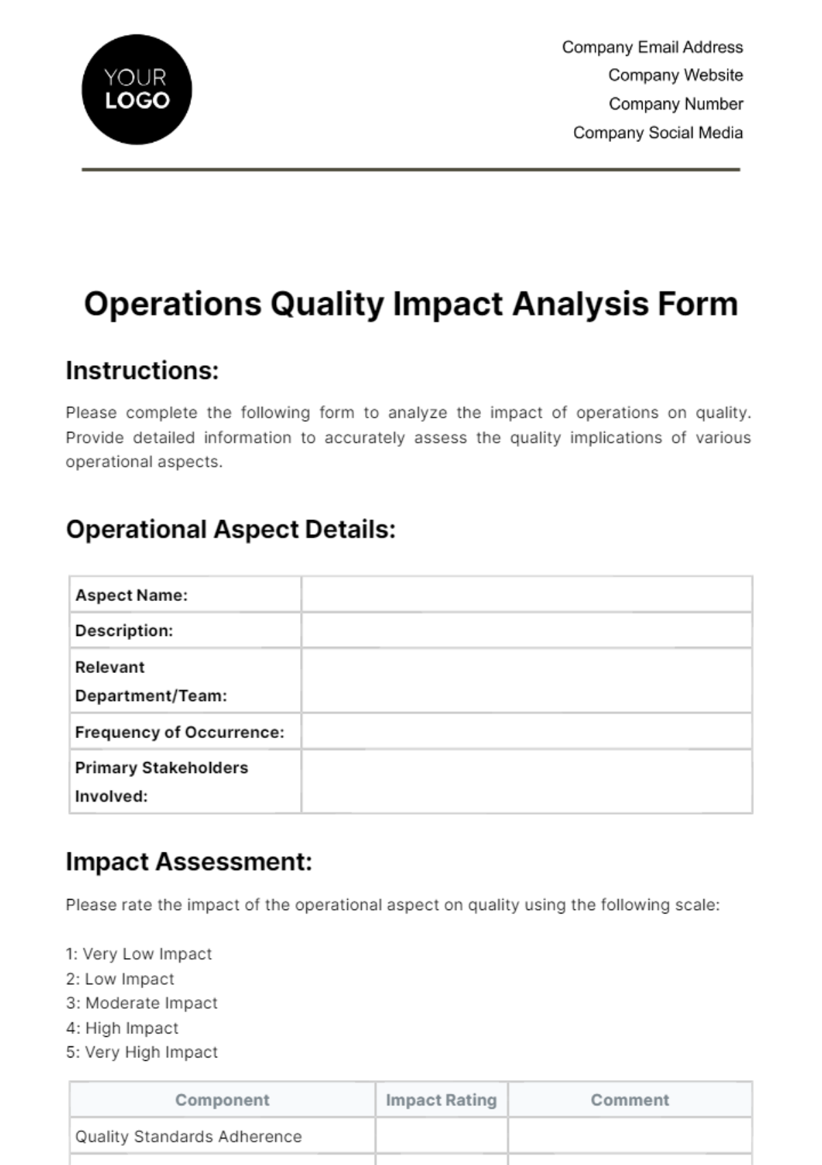 Free Operations Quality Impact Analysis Form Template