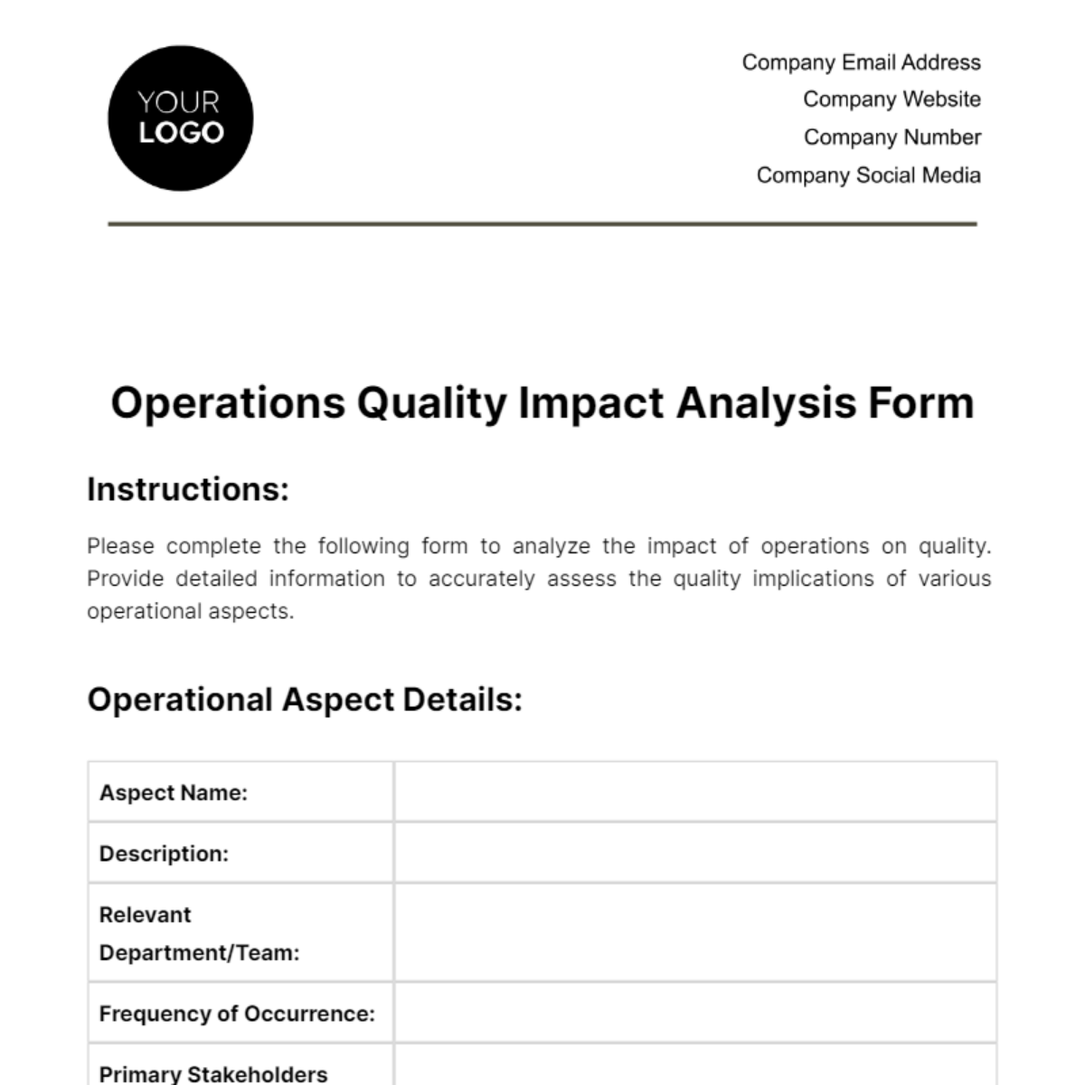 Operations Quality Impact Analysis Form Template - Edit Online & Download