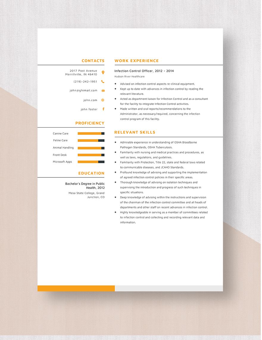 Infection Control Officer Resume