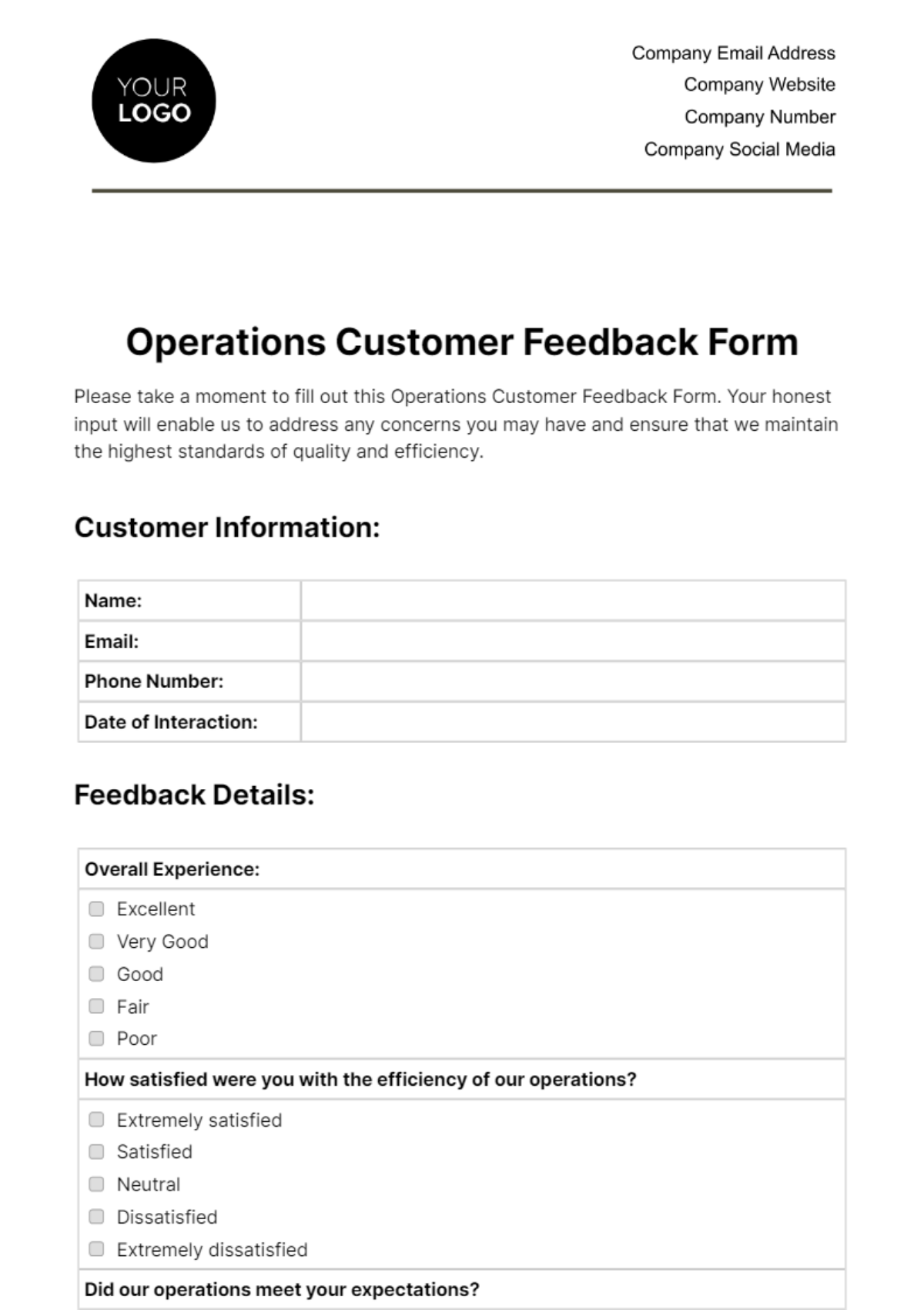 Free Operations Customer Feedback Form Template