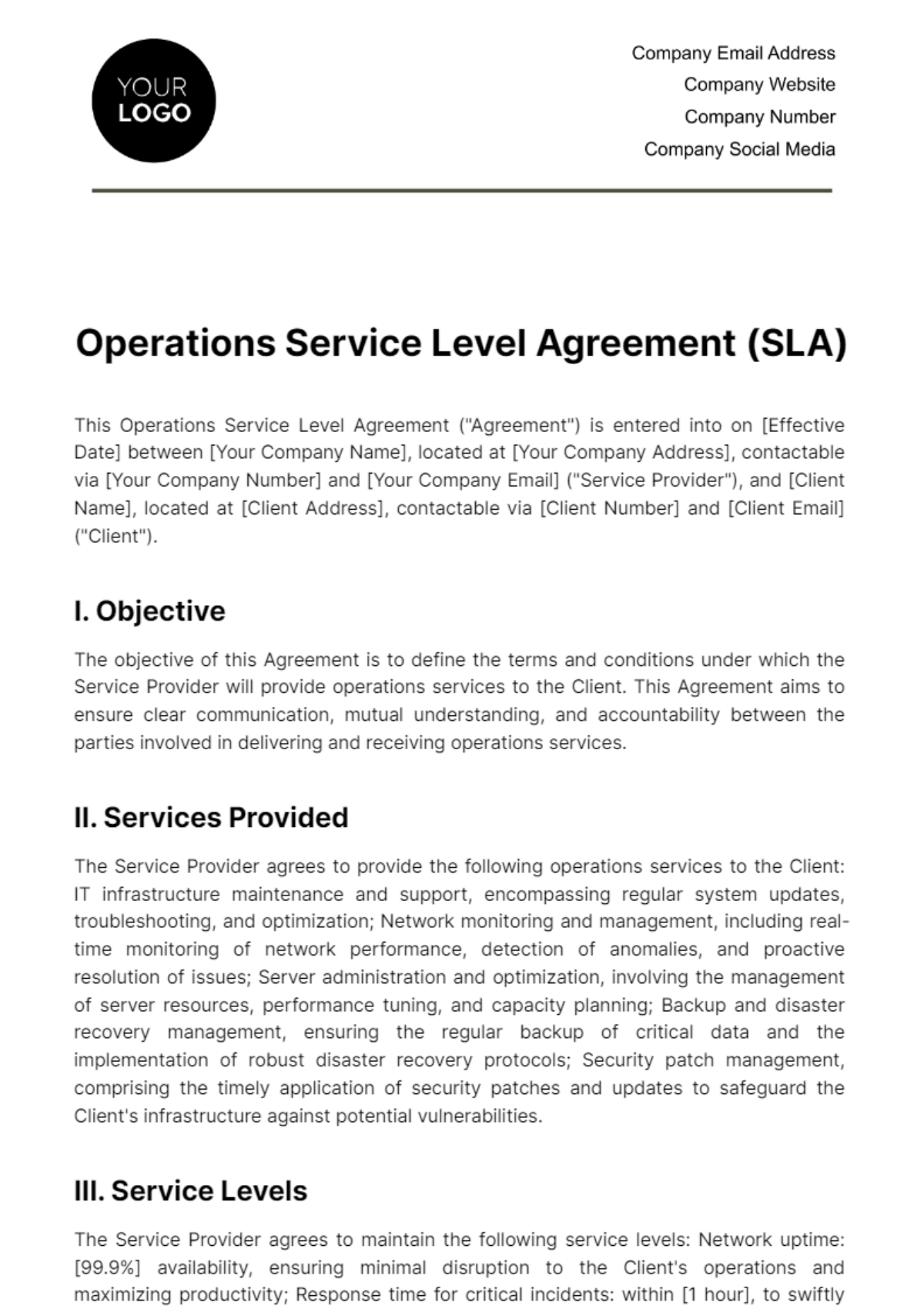 Operations Service Level Agreement (SLA) Template