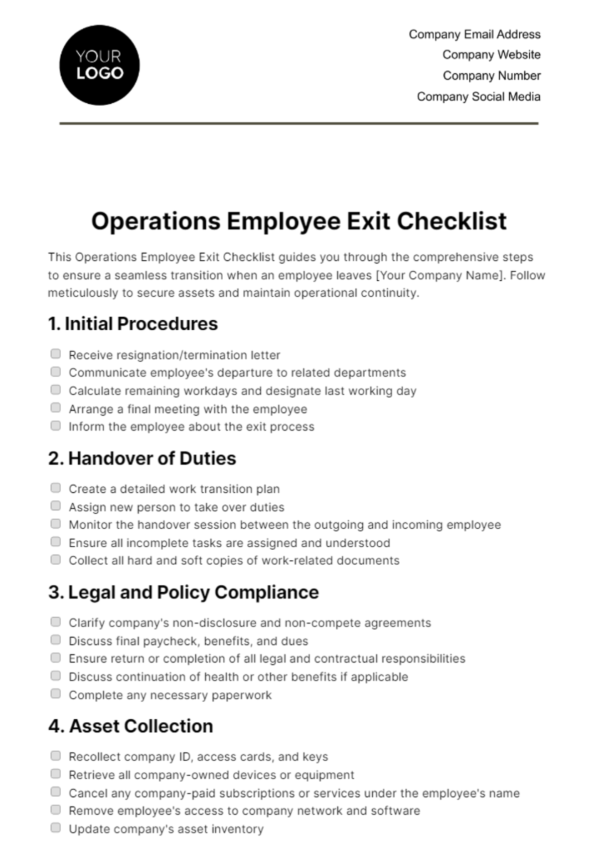 Operations Employee Exit Checklist Template - Edit Online & Download