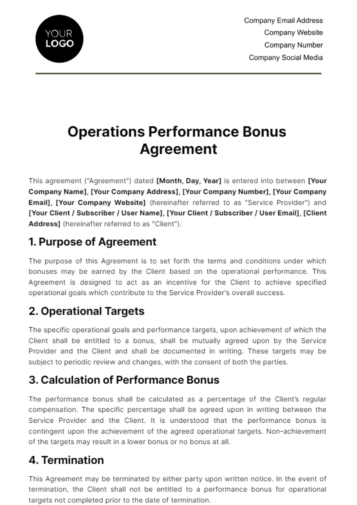 Operations Performance Bonus Agreement Template - Edit Online & Download