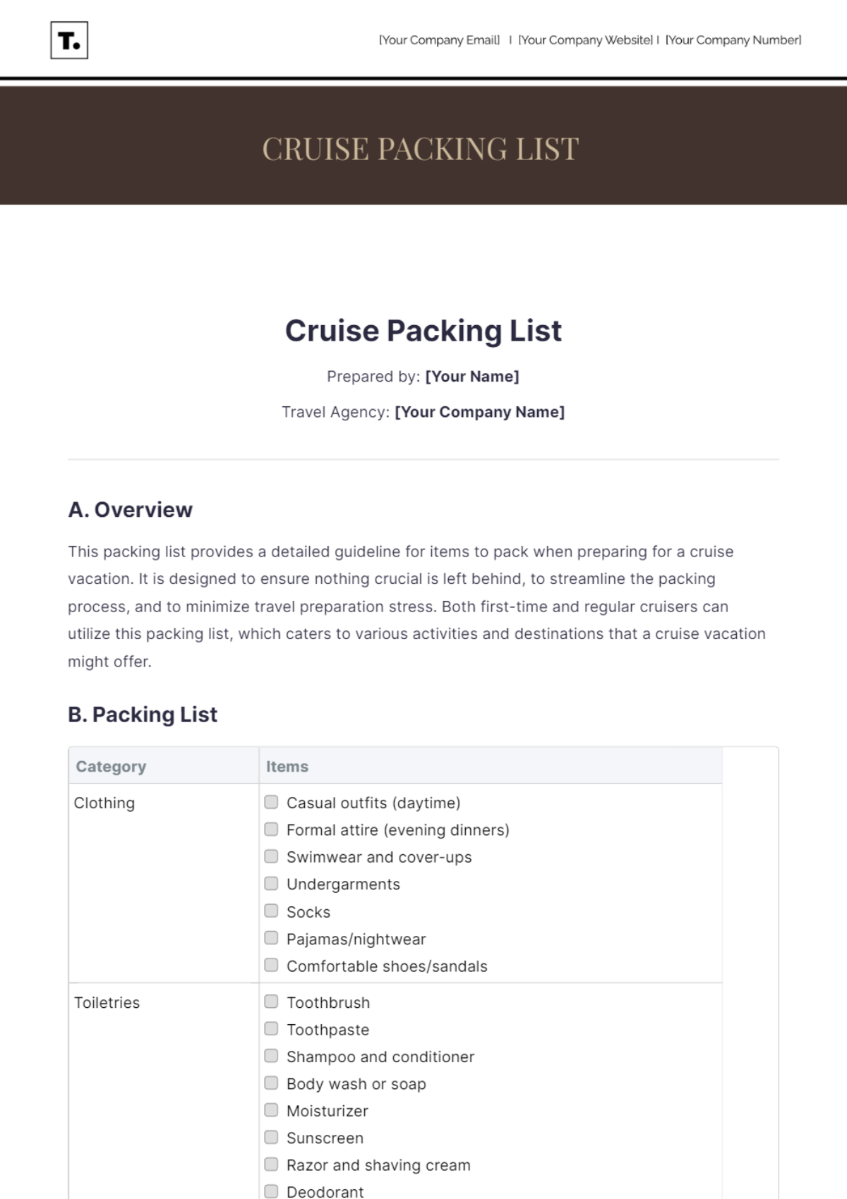 Cruise Packing List Template