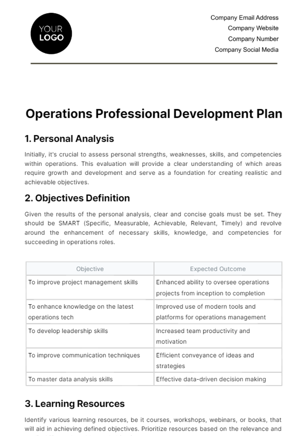 Free Operations Professional Development Plan Template