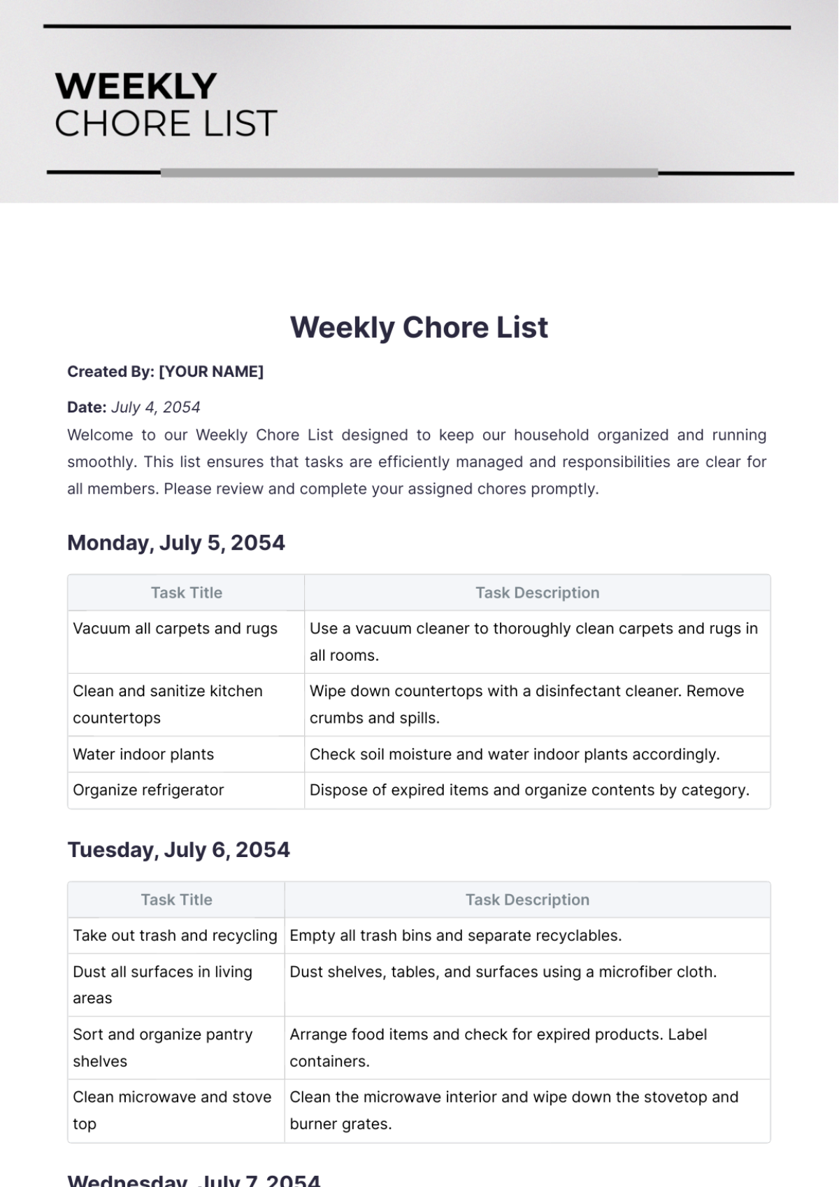 Weekly Chore List Template