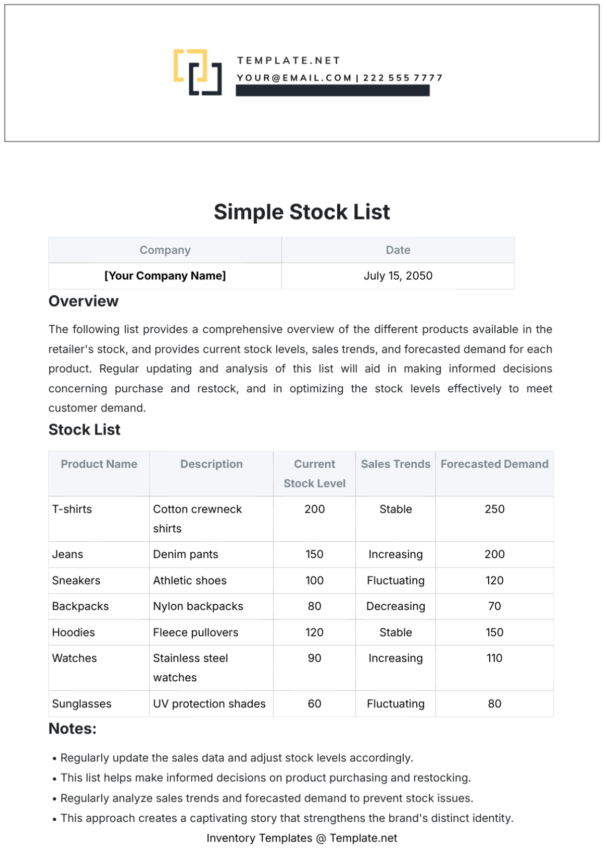 Simple Stock List Template