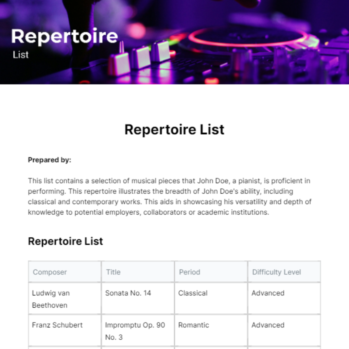 Repertoire List Template