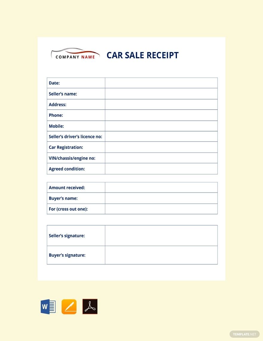 Sample Car Sale Receipt Template in Word, Google Docs, PDF, Google Sheets, Apple Pages