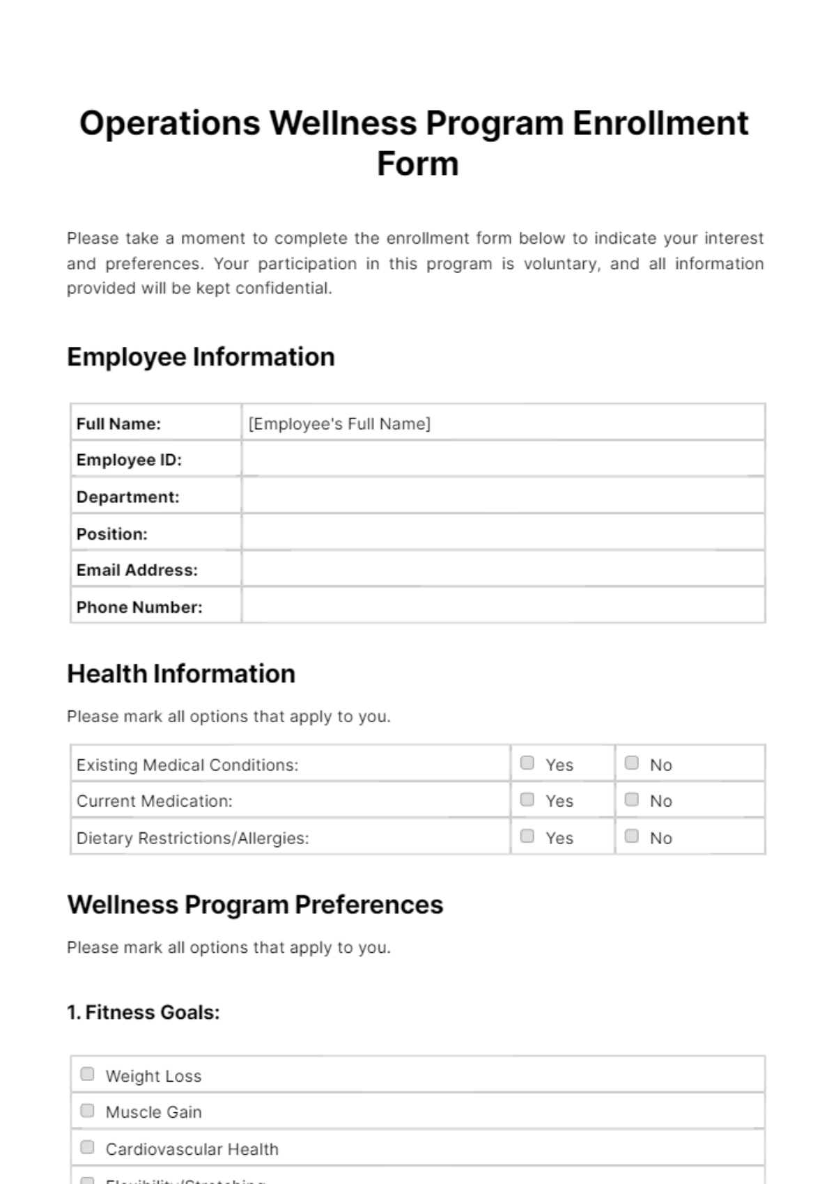 Operations Wellness Program Enrollment Form Template - Edit Online & Download