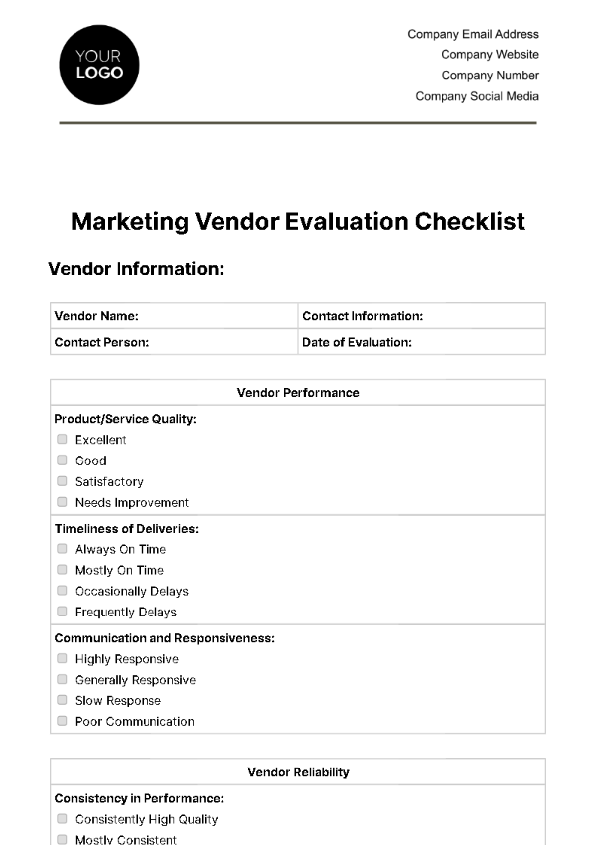 Free Marketing Vendor Evaluation Checklist Template