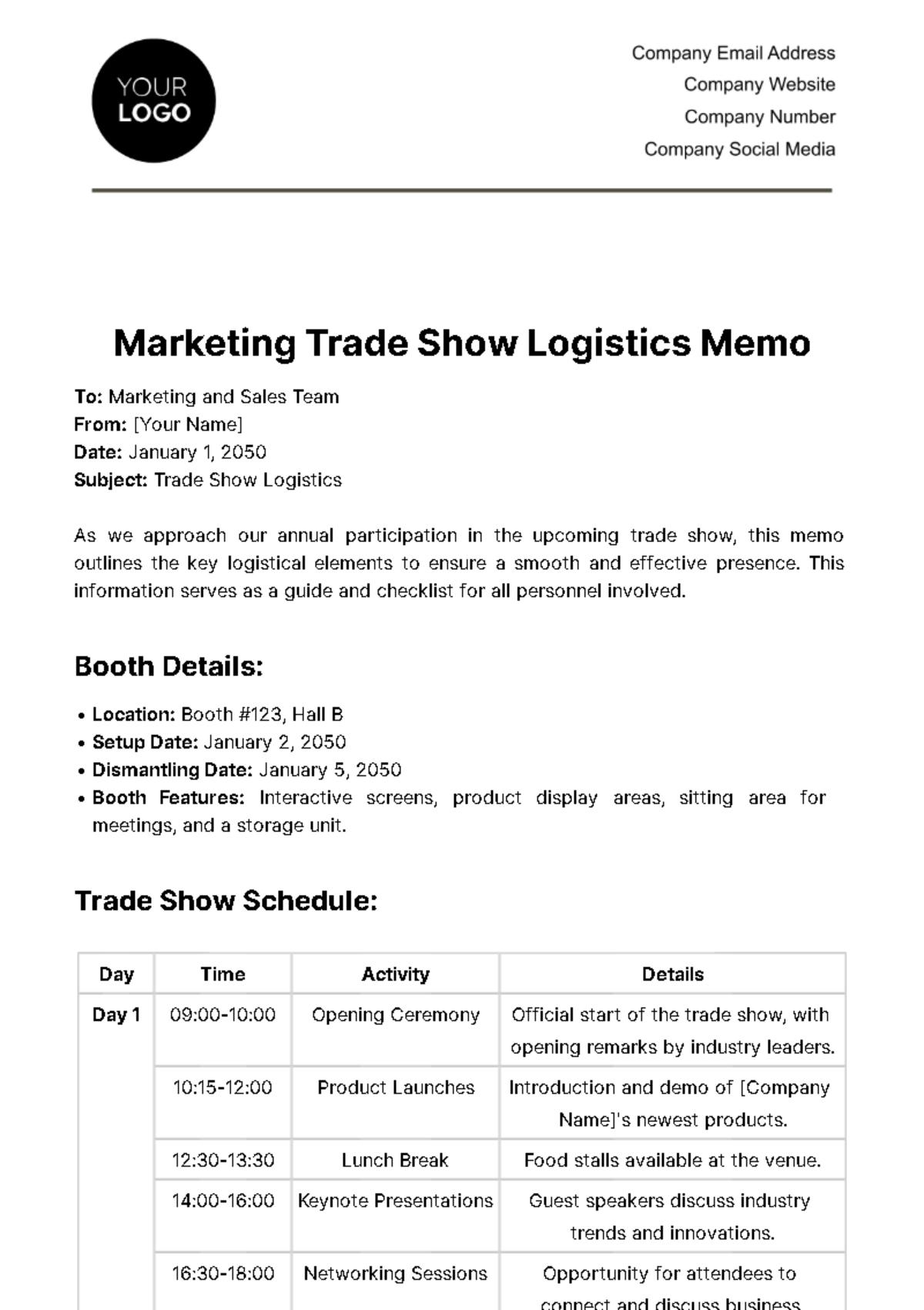 Free Marketing Trade Show Logistics Memo Template
