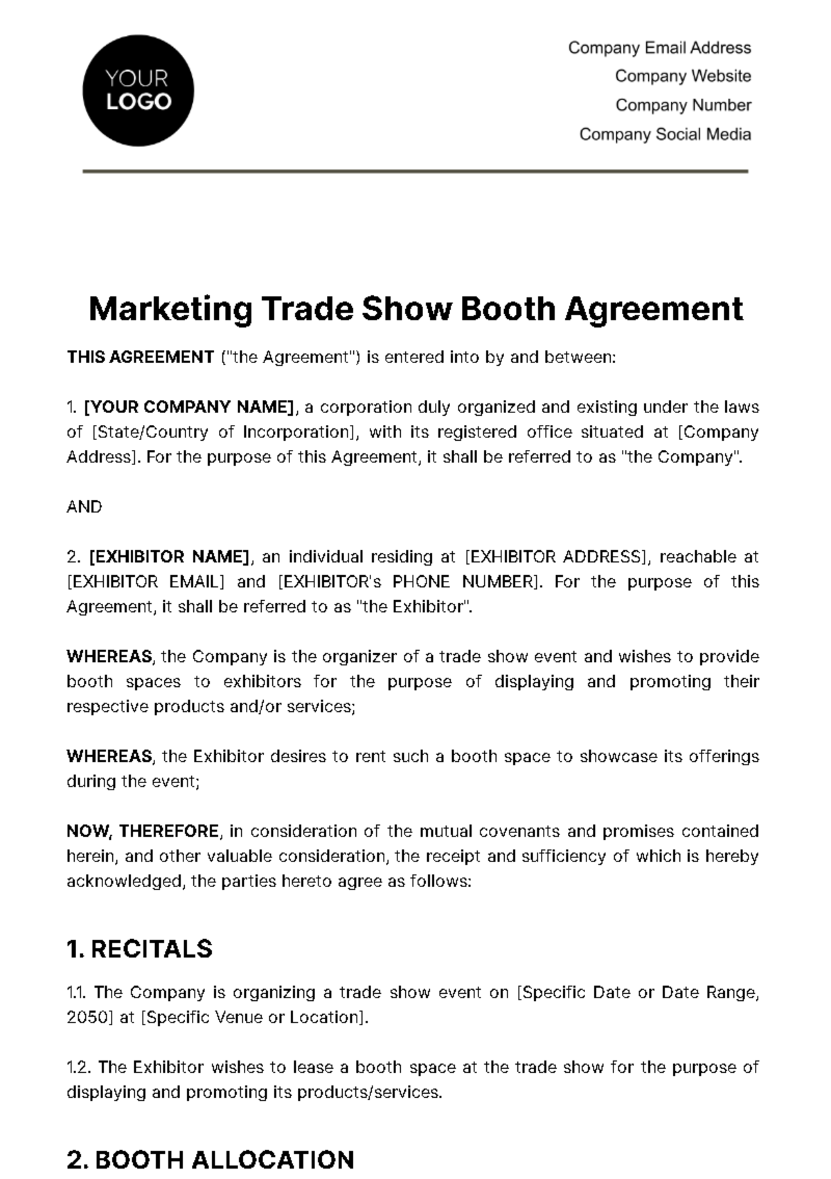 Marketing Trade Show Booth Agreement Template