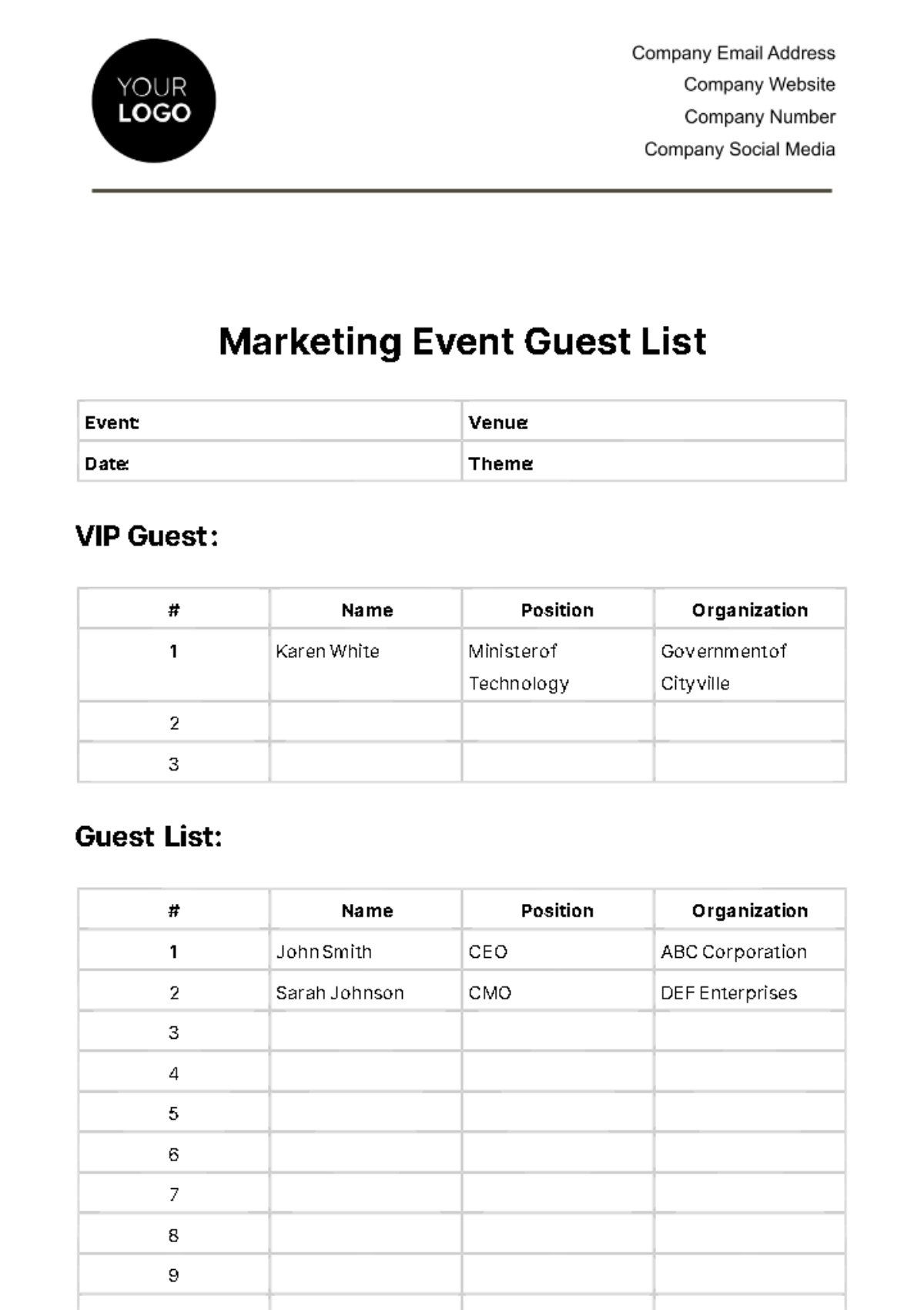 Free Marketing Event Guest List Template