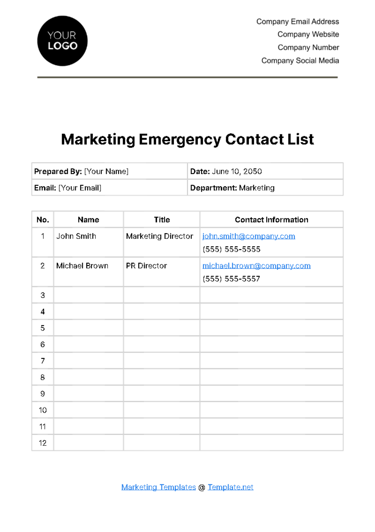 Marketing Emergency Contact List Template