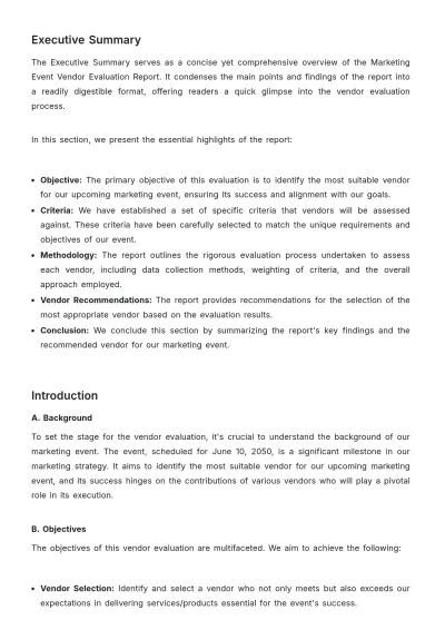 Free Marketing Event Vendor Evaluation Report Template to Edit Online