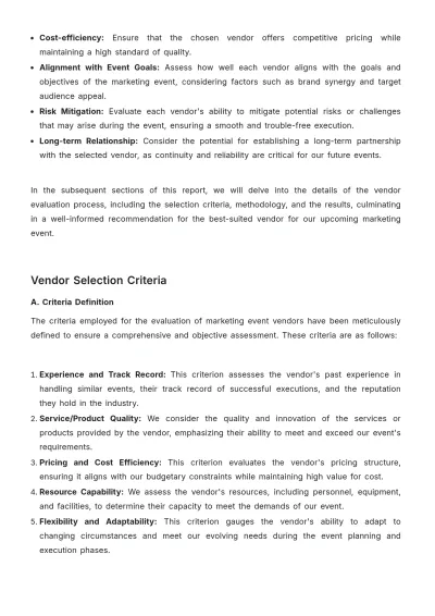 Free Marketing Event Vendor Evaluation Report Template to Edit Online