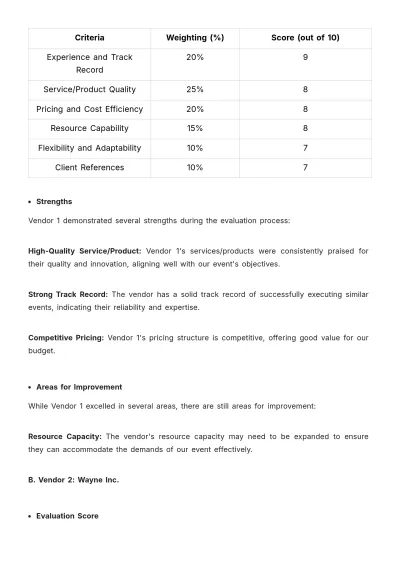 Free Marketing Event Vendor Evaluation Report Template to Edit Online