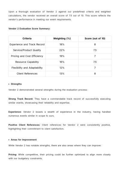 Free Marketing Event Vendor Evaluation Report Template to Edit Online