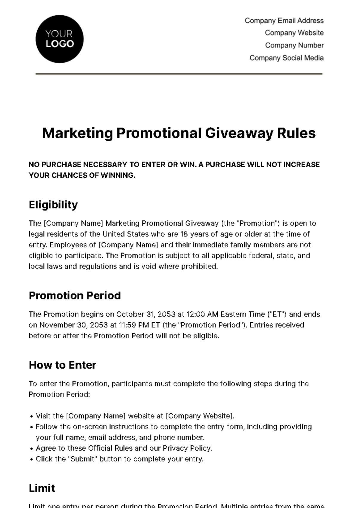 Marketing Promotional Giveaway Rules Template