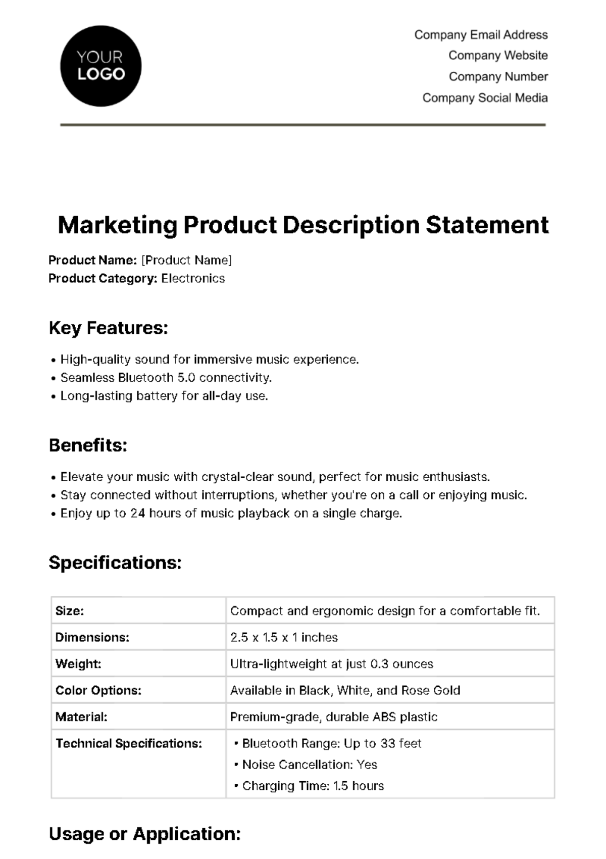 Free Marnketing Product Description Statement Template
