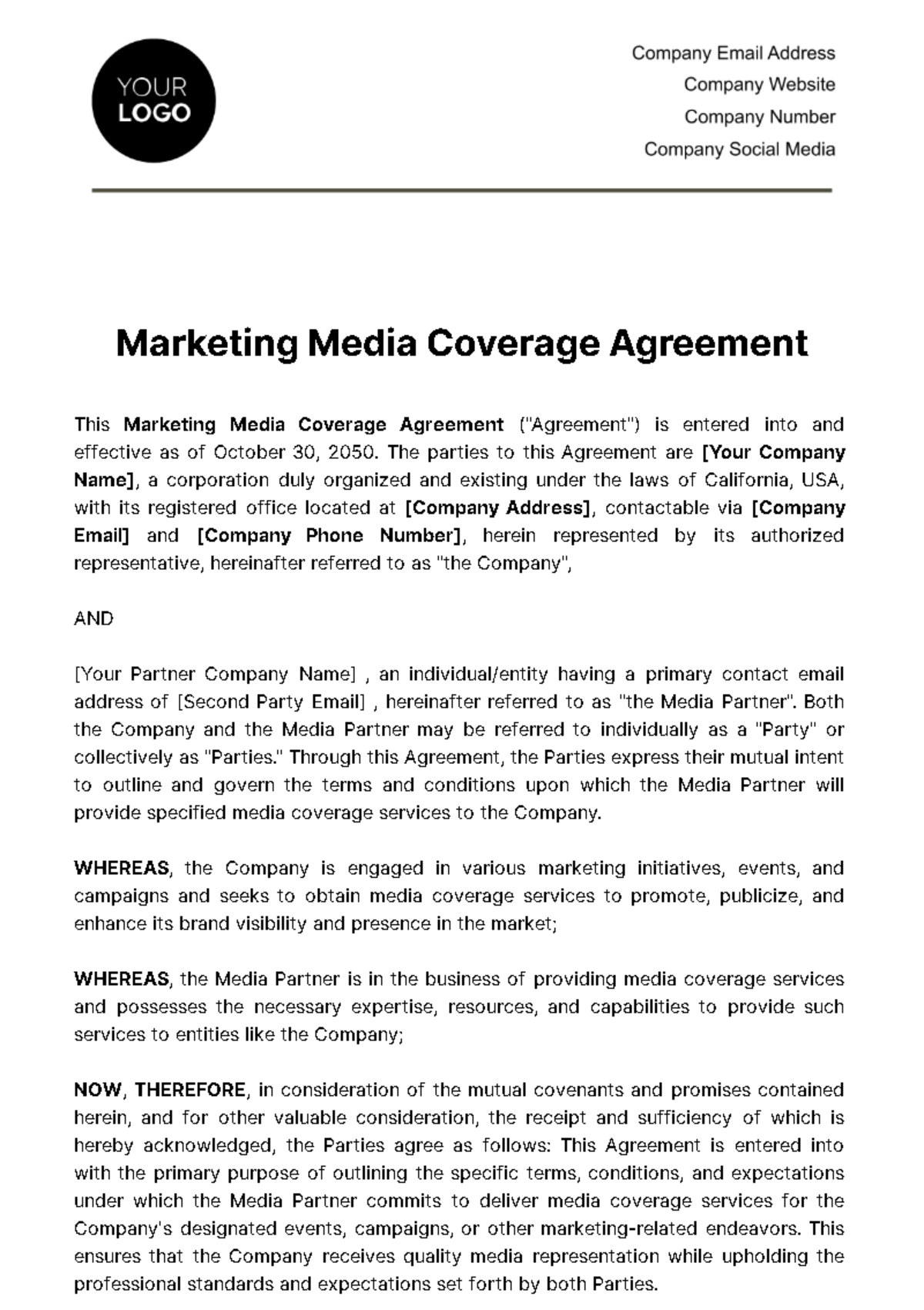 Free Marketing Media Coverage Agreement Template