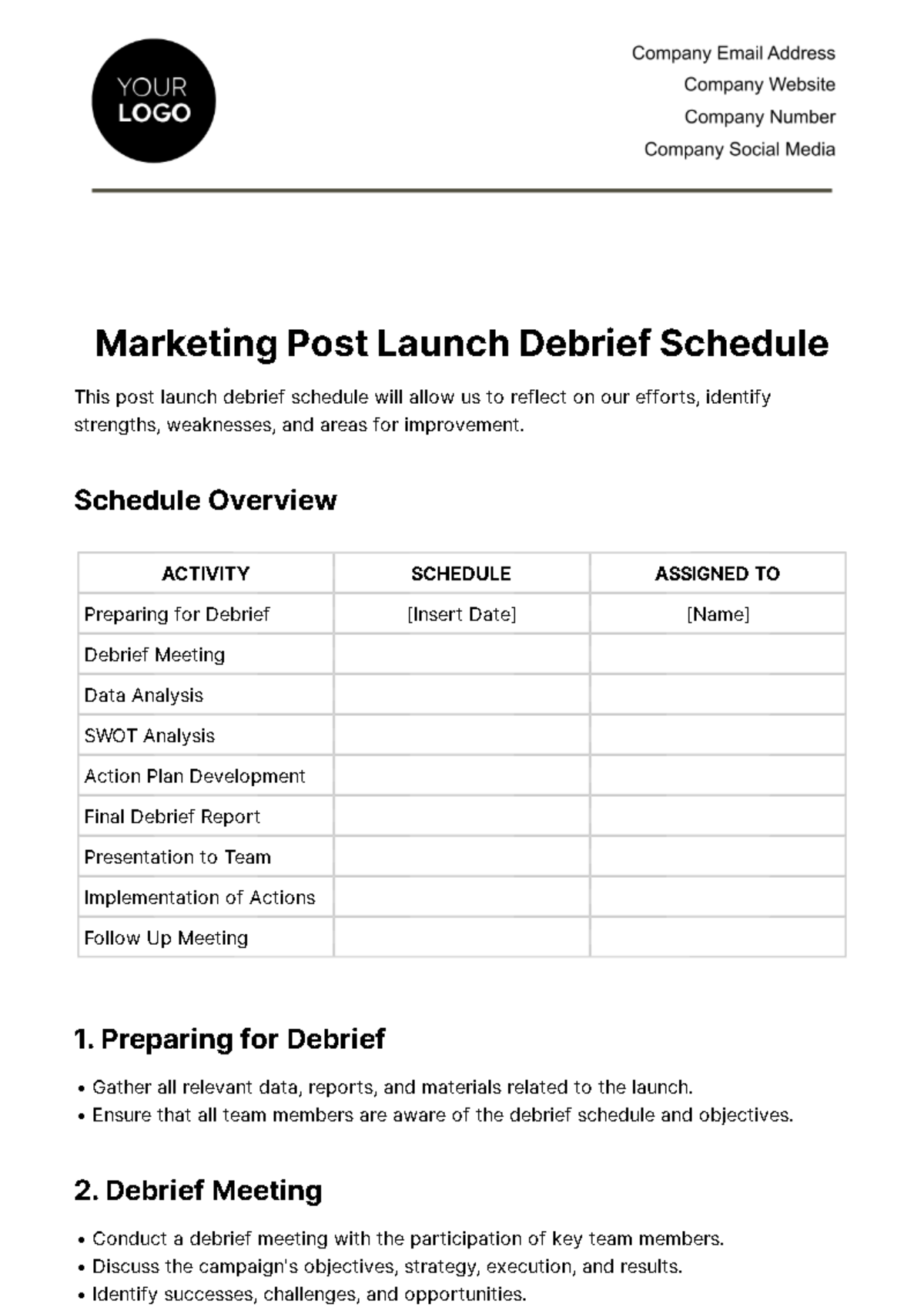Marketing Post-Launch Debrief Schedule Template